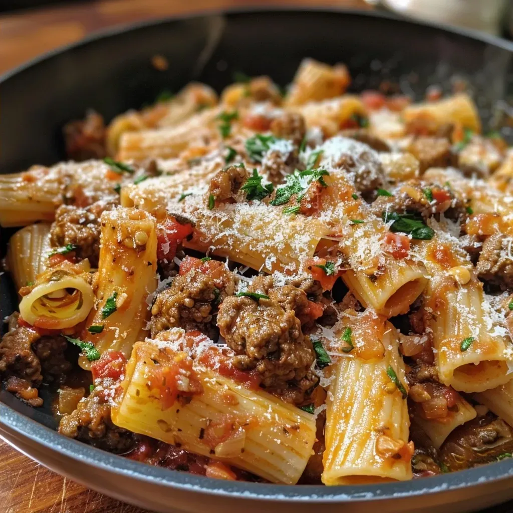 ['A close-up view of beef pasta served in a vibrant tomato sauce, garnished with parsley and cheese.', 'Juicy beef pasta in tomato sauce with melted parmesan and chopped parsley, shown from the side.', 'A delicious plate of pasta with ground beef in a rich tomato sauce, featuring a sprinkle of fresh herbs.', 'Side view of a hearty beef pasta dish in tomato sauce, highlighting its savory ingredients and textures.']