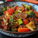 A close-up view of a colorful beef stir-fry with assorted vegetables on a plate.
