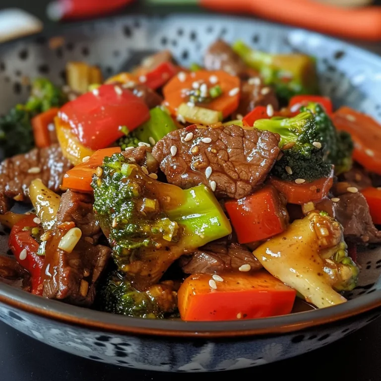 Close-up view of a colorful beef stir fry with various vegetables and sliced beef.