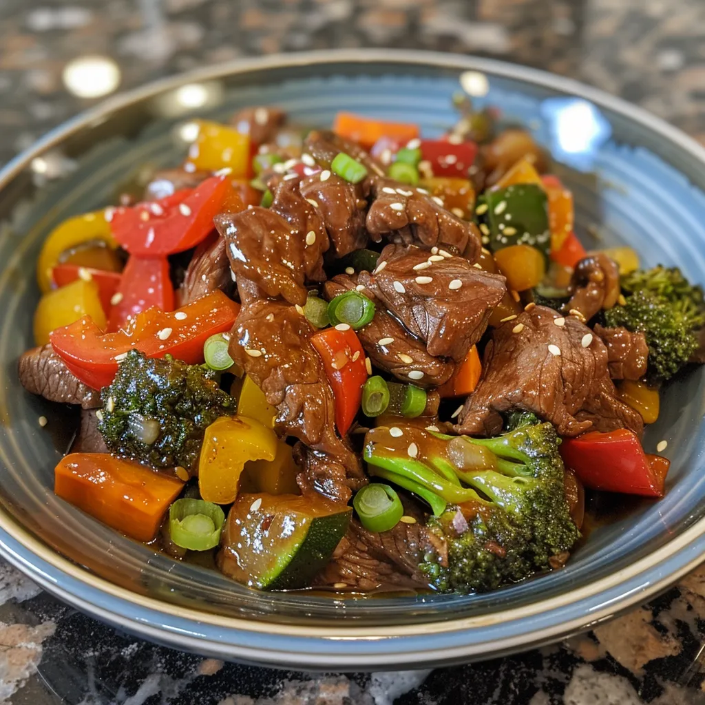 Side angle of a hearty beef stir-fry featuring vibrant bell peppers and broccoli.