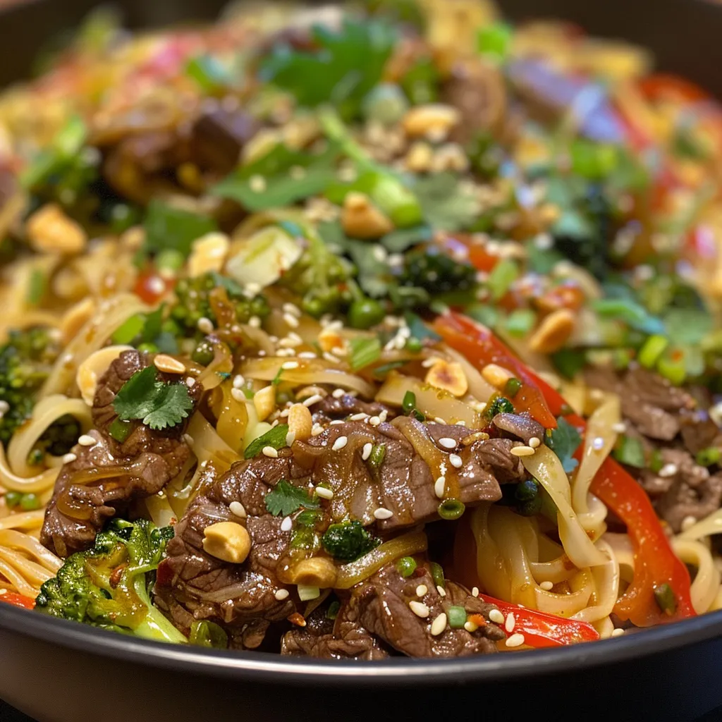 Juicy beef stir fry highlighting noodles and fresh veggies in a vibrant presentation.