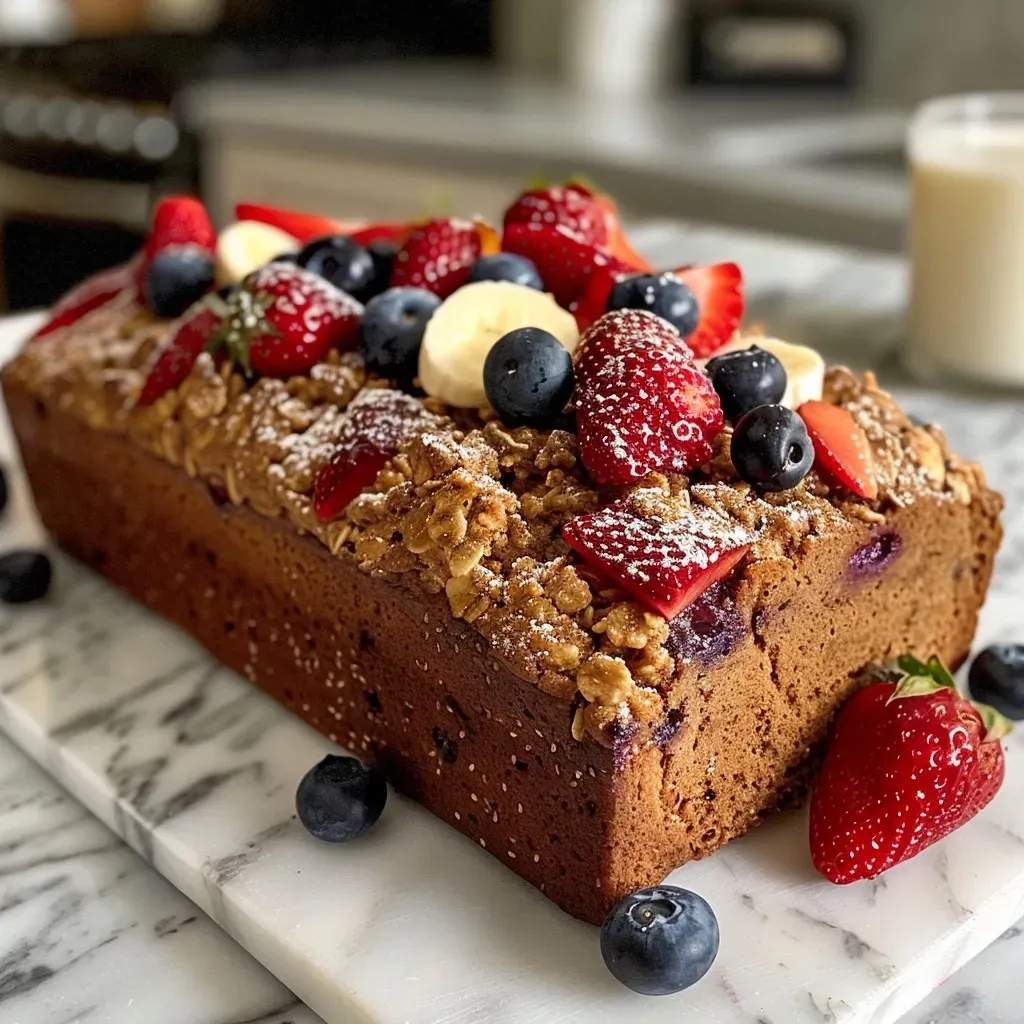Close-up of moist Berry Banana Bread with visible strawberries and blueberries.