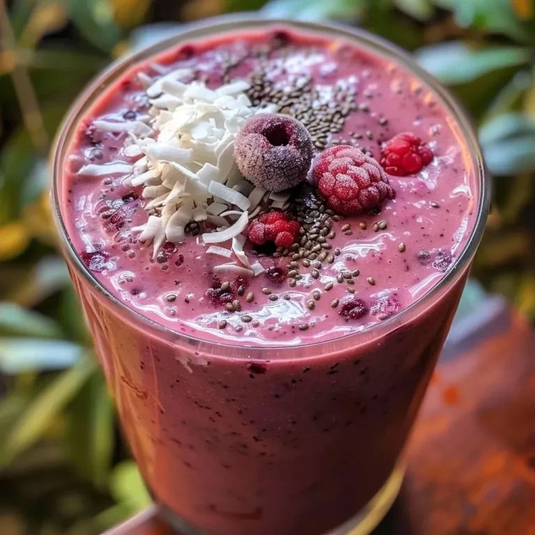 ['Close-up view of a vibrant Berry Coconut Protein Smoothie in a clear glass.', 'Side view of a berry-filled protein smoothie garnished with shredded coconut.', 'Refreshing smoothie made with mixed berries and coconut water, displayed in natural light.', 'Thick, creamy berry coconut smoothie topped with flax seeds and shredded coconut.']