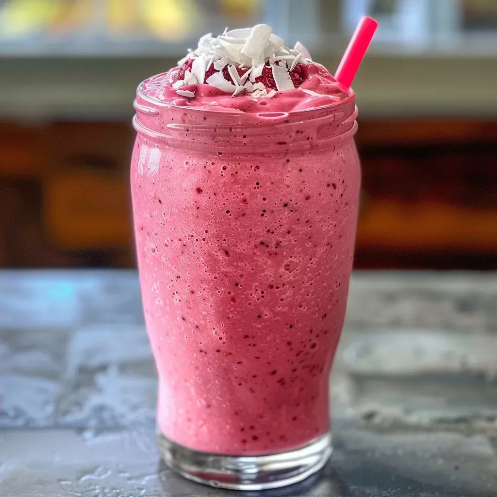 Close-up view of a vibrant Berry Coconut Protein Smoothie in a clear glass.