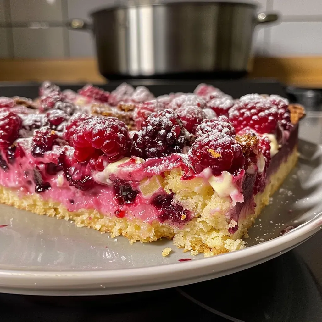 ['A close-up side view of a Berry Yoghurt Traybake showing layers of moist cake and berry topping.', 'Side view of a Berry Yoghurt Traybake featuring vibrant berries and a creamy yoghurt layer.', 'Juicy Berry Yoghurt Traybake displayed with a rich texture and colorful berry accents.', 'Close-up of a decadent Berry Yoghurt Traybake revealing its fluffy interior and berry glaze.']