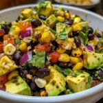['Close-up view of a colorful Black Bean Corn Avocado Salad in a bowl, highlighting fresh ingredients.', 'Side view of a vibrant salad featuring diced avocado, black beans, and corn, served in a white bowl.', 'Appetizing close-up of a Black Bean Corn Avocado Salad, showcasing the mix of textures and colors.', 'Detailed look at a hearty salad with black beans, corn, and avocado, arranged beautifully in a bowl.']