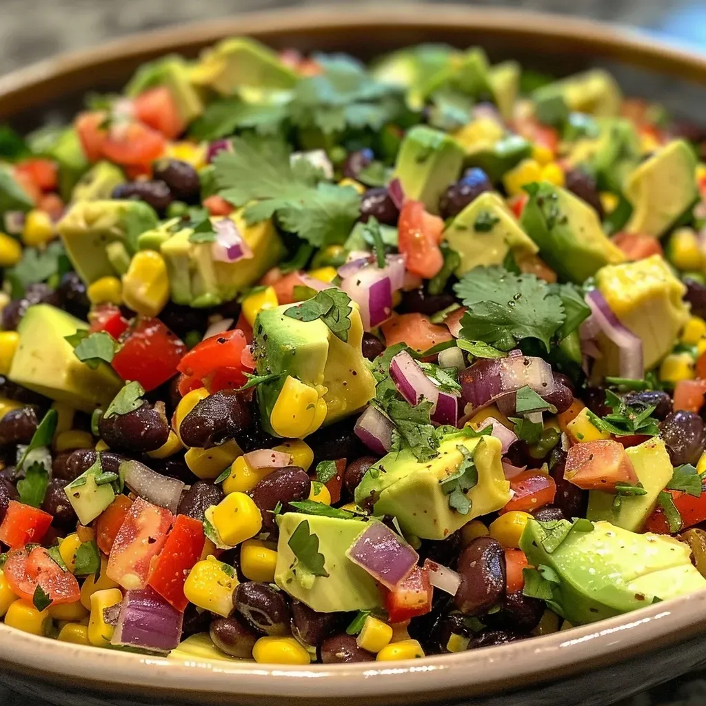 ['Close-up view of a colorful Black Bean Corn Avocado Salad in a bowl, highlighting fresh ingredients.', 'Side view of a vibrant salad featuring diced avocado, black beans, and corn, served in a white bowl.', 'Appetizing close-up of a Black Bean Corn Avocado Salad, showcasing the mix of textures and colors.', 'Detailed look at a hearty salad with black beans, corn, and avocado, arranged beautifully in a bowl.']