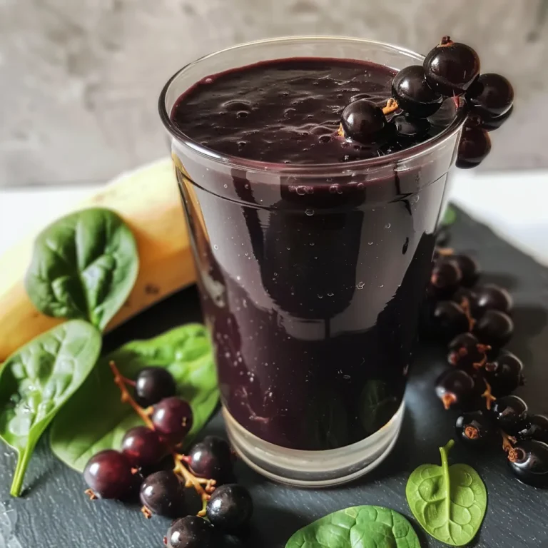Close-up of a rich, dark purple Black Currants Spinach Smoothie in a clear glass, showcasing its creamy texture.