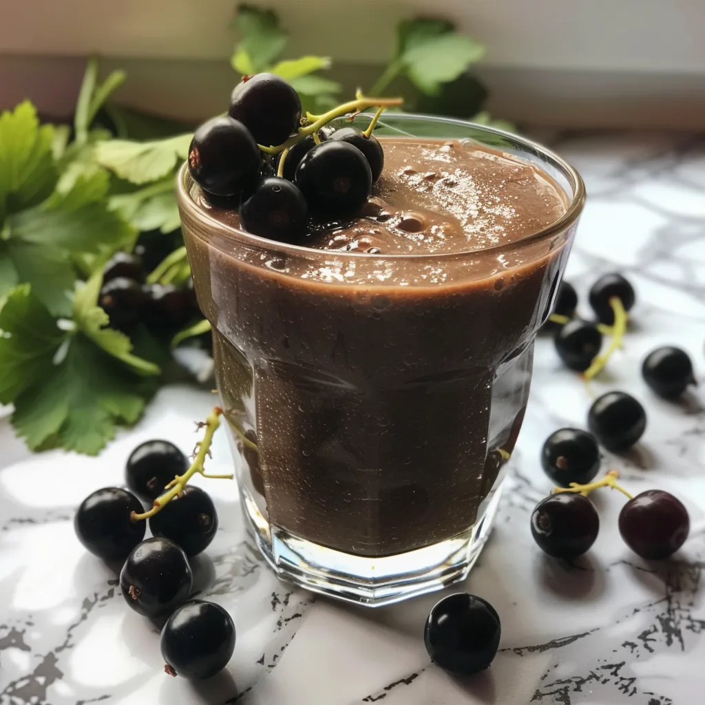 Side view of a delicious smoothie made with black currants and spinach, highlighting its vibrant color.