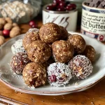 ['Close-up of homemade bliss balls with a variety of ingredients displayed around them.', 'Juicy bliss balls made from nut butter and oats, arranged on a wooden surface.', 'A side view of bliss balls garnished with shredded coconut and chocolate chips.', 'Colorful bliss balls topped with dried cranberries, showcasing their texture.']
