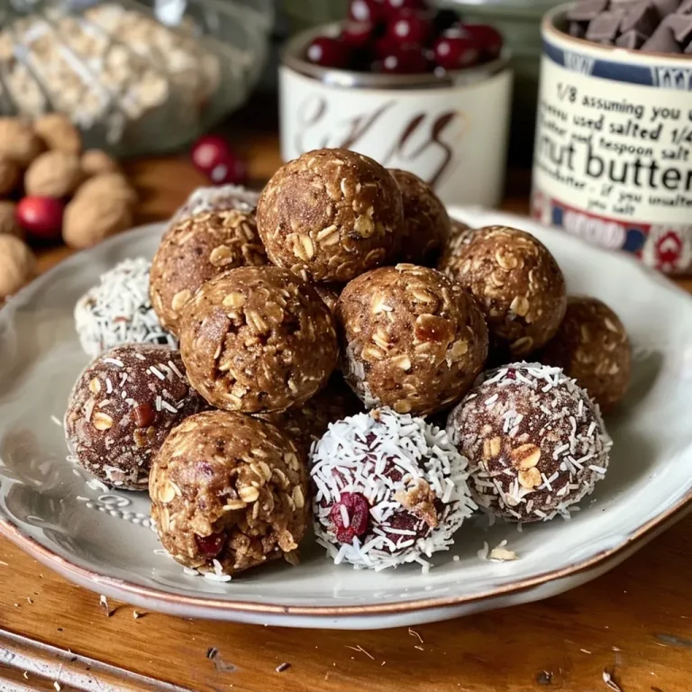 ['Close-up of homemade bliss balls with a variety of ingredients displayed around them.', 'Juicy bliss balls made from nut butter and oats, arranged on a wooden surface.', 'A side view of bliss balls garnished with shredded coconut and chocolate chips.', 'Colorful bliss balls topped with dried cranberries, showcasing their texture.']