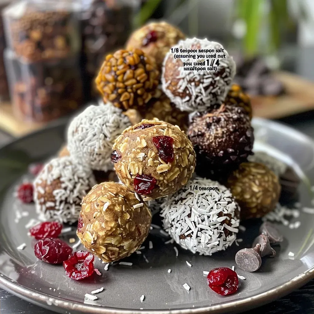 ['Close-up of homemade bliss balls with a variety of ingredients displayed around them.', 'Juicy bliss balls made from nut butter and oats, arranged on a wooden surface.', 'A side view of bliss balls garnished with shredded coconut and chocolate chips.', 'Colorful bliss balls topped with dried cranberries, showcasing their texture.']