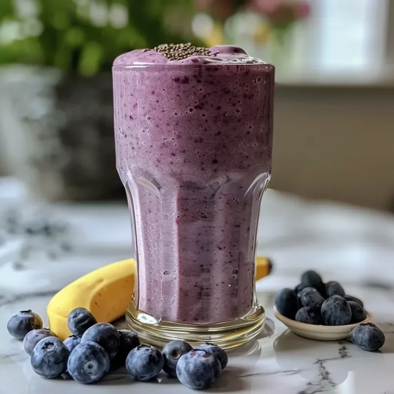 ['A close-up side view of a blueberry banana protein shake in a glass, showcasing its creamy texture.', 'A vibrant blueberry banana protein shake in a clear glass, garnished with blueberries on top.', 'A delicious protein shake with blueberries and banana, visibly thick and creamy in a side view.', 'A refreshing smoothie made with blueberries and banana, displayed in a stylish glass, ready to be enjoyed.']