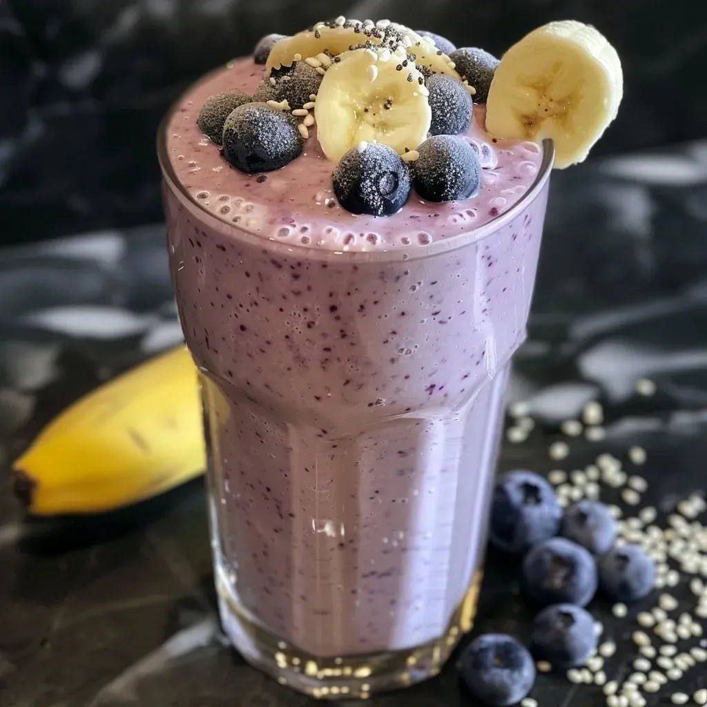 ['A close-up side view of a blueberry banana protein shake in a glass, showcasing its creamy texture.', 'A vibrant blueberry banana protein shake in a clear glass, garnished with blueberries on top.', 'A delicious protein shake with blueberries and banana, visibly thick and creamy in a side view.', 'A refreshing smoothie made with blueberries and banana, displayed in a stylish glass, ready to be enjoyed.']