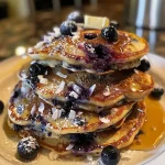 ['Close-up view of fluffy blueberry coconut pancakes, topped with fresh blueberries.', 'Side perspective of stacked blueberry coconut pancakes drizzled with syrup.', 'Juicy blueberry coconut pancakes on a plate, highlighting the coconut flakes.', 'Vertical shot of golden-brown blueberry coconut pancakes with a sprinkle of blueberries.']
