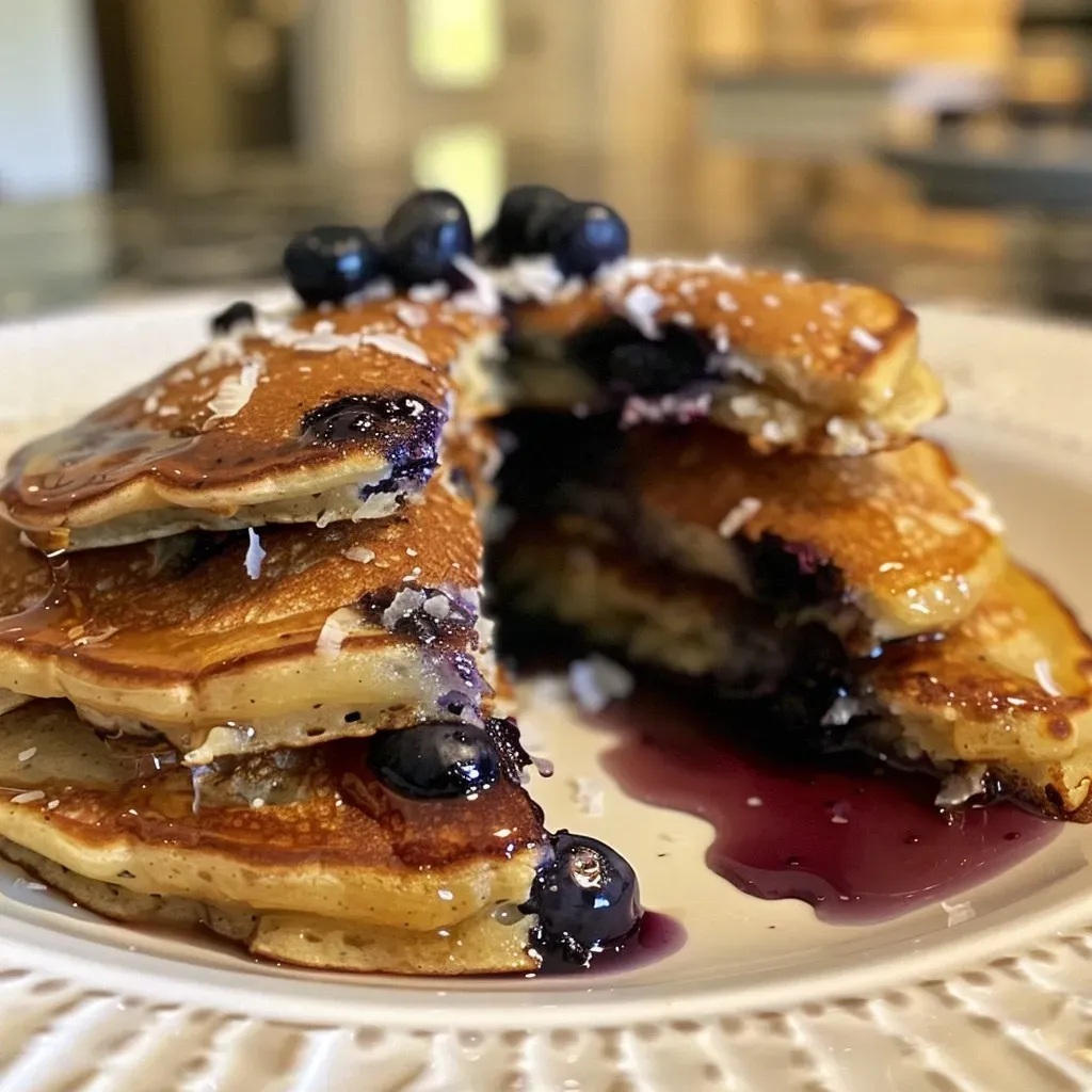 ['Close-up view of fluffy blueberry coconut pancakes, topped with fresh blueberries.', 'Side perspective of stacked blueberry coconut pancakes drizzled with syrup.', 'Juicy blueberry coconut pancakes on a plate, highlighting the coconut flakes.', 'Vertical shot of golden-brown blueberry coconut pancakes with a sprinkle of blueberries.']