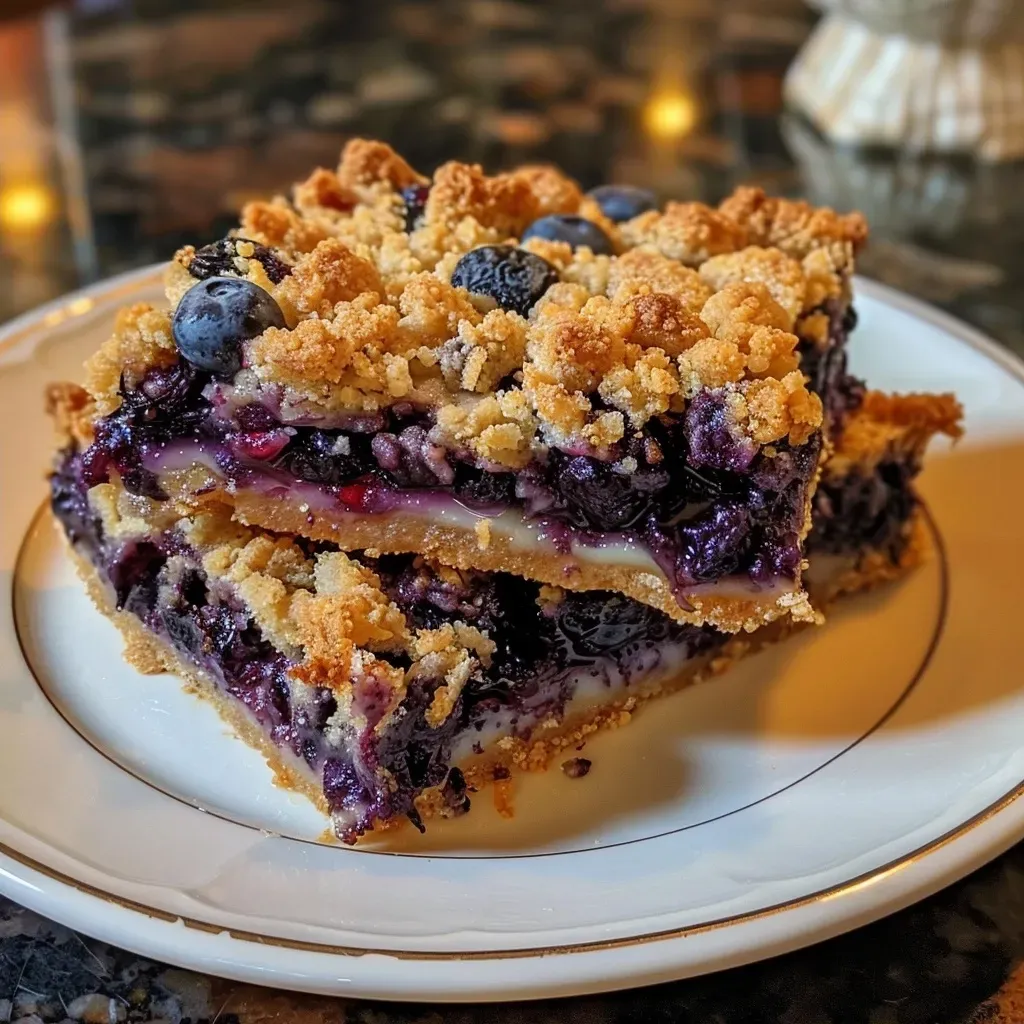 Side view of freshly baked Blueberry Crumble Bars with a crumbly topping and juicy filling.