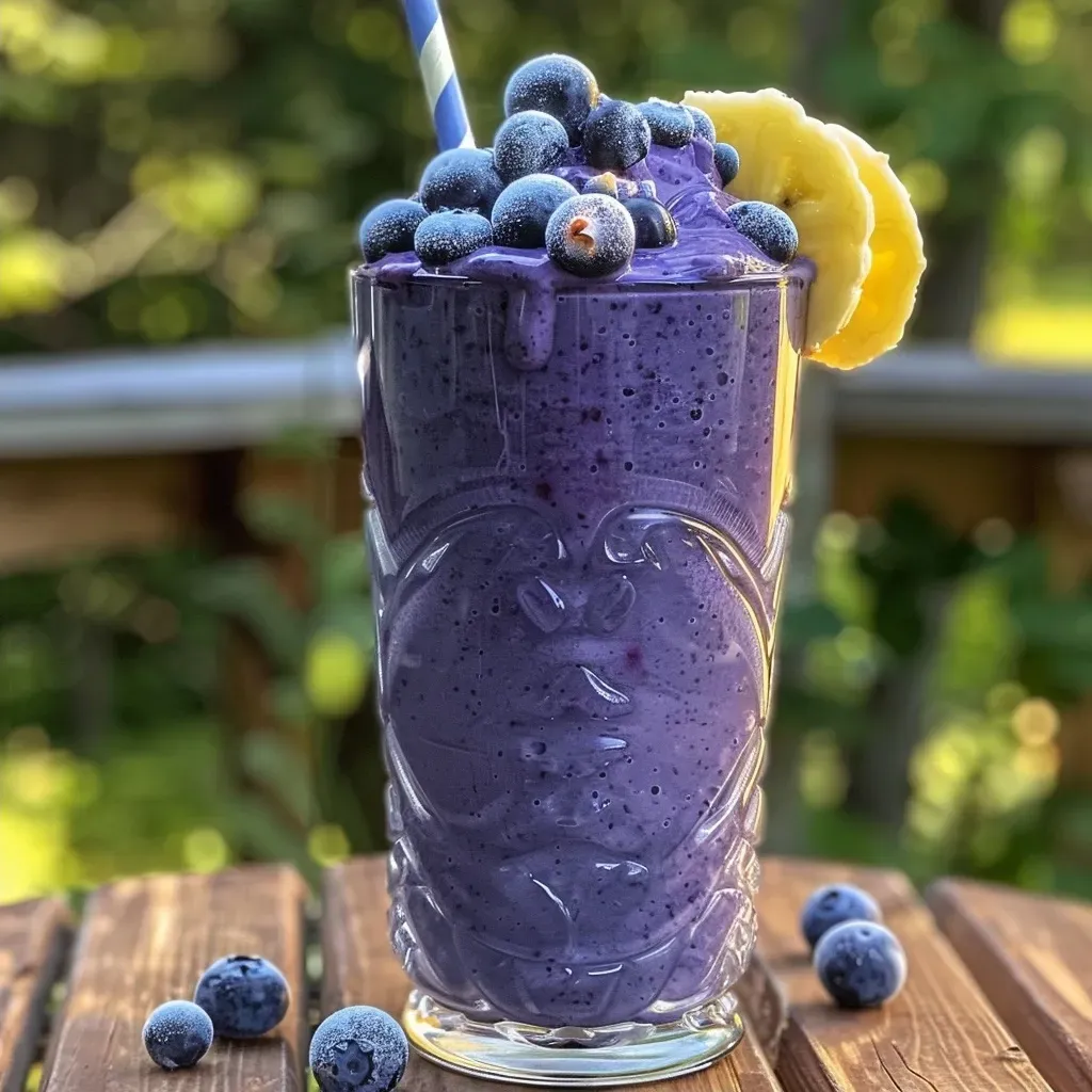 ['Close-up view of a creamy blueberry peanut butter smoothie in a glass with fresh blueberries on top.', 'Side view of a delicious smoothie with a deep purple color, highlighting blueberries and a hint of peanut butter.', 'Photograph of a blueberry peanut butter smoothie in a clear glass, adorned with whole blueberries and a straw.', 'Detailed close-up of a vibrant blueberry smoothie, showcasing the texture and ingredients like peanut butter.']