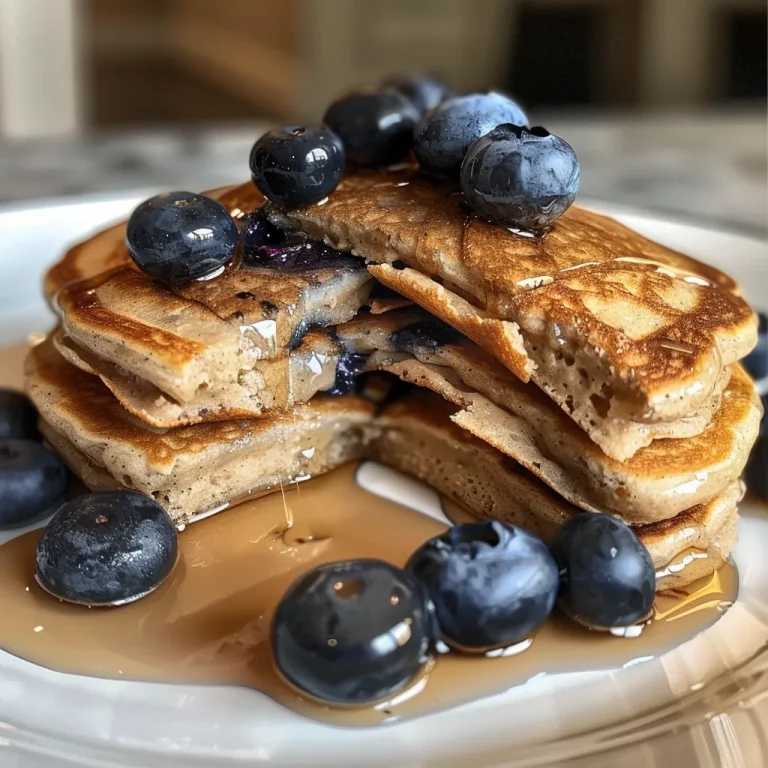 Delightful Blueberry Protein Pancakes for a Nourishing Start Close-up side view of fluffy blueberry protein pancakes topped with fresh blueberries and syrup.