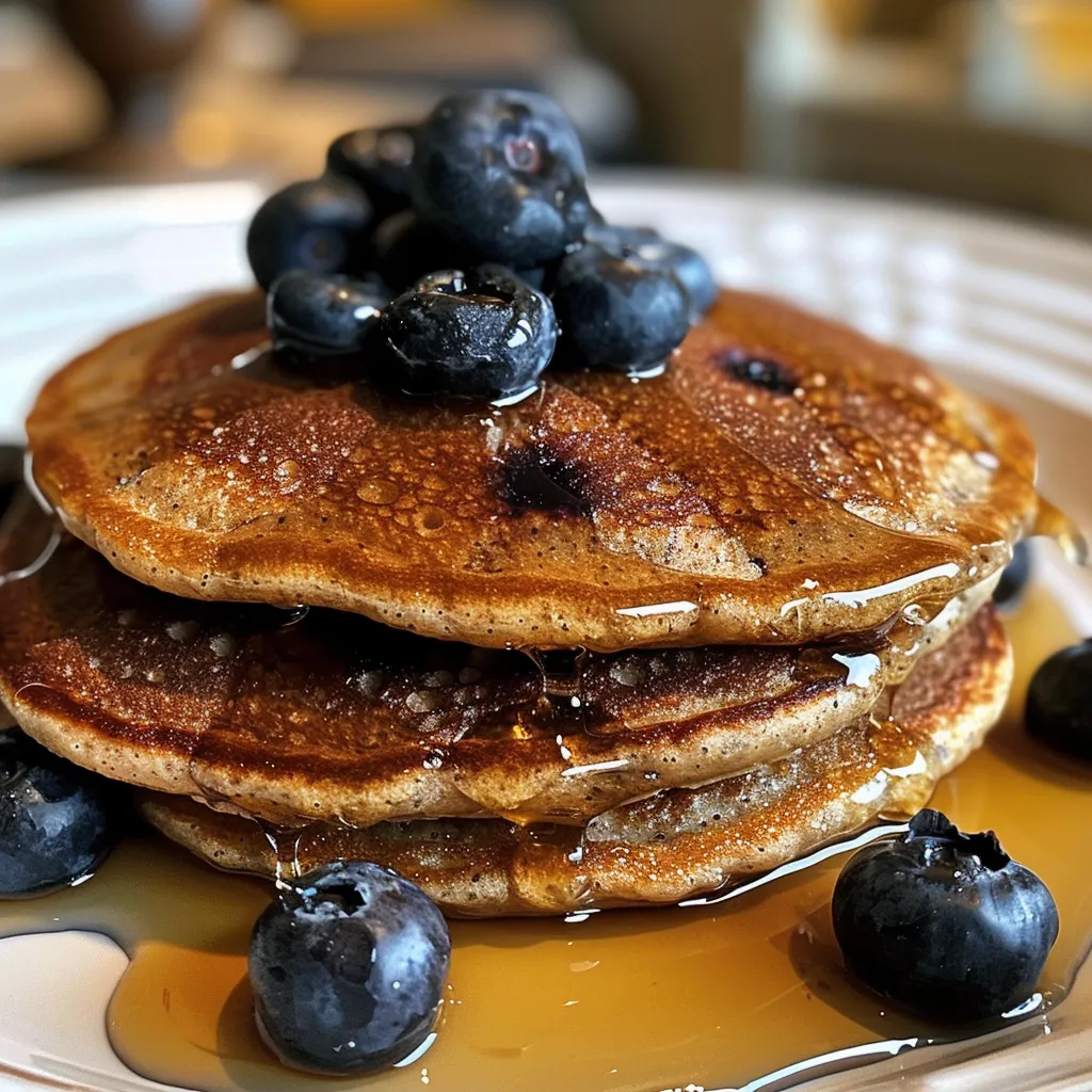 Juicy blueberry protein pancakes served on a plate, showcasing the rich texture and vibrant color of blueberries.