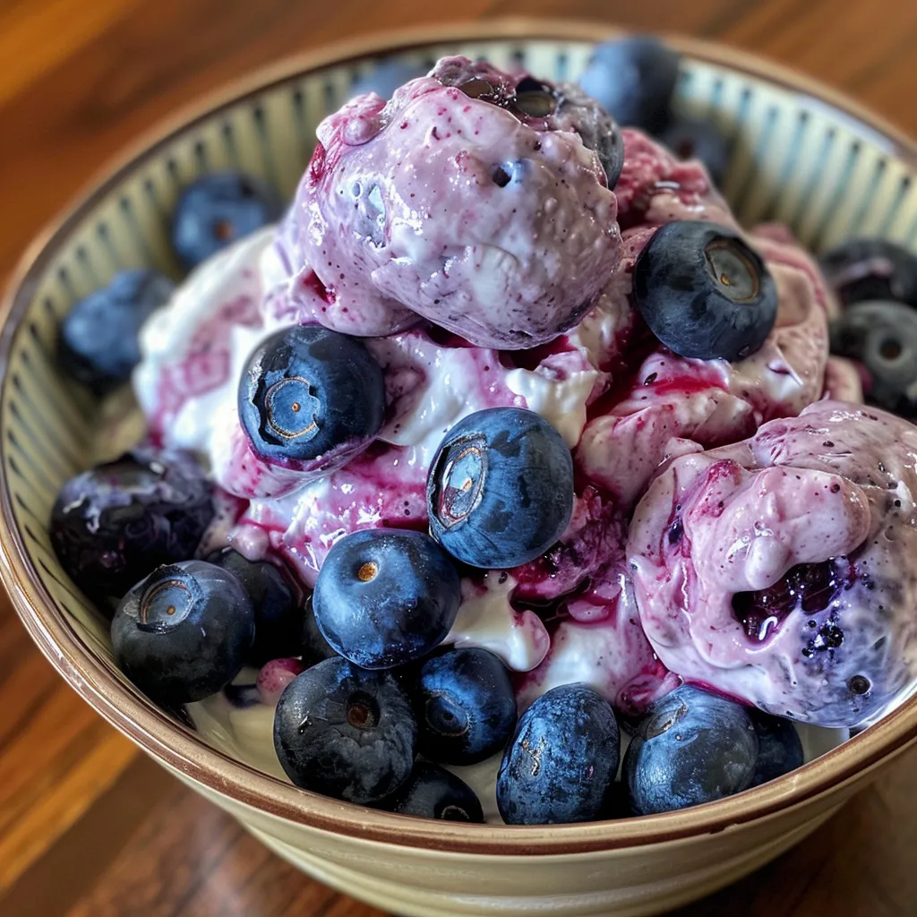 Side angle photograph of frozen yogurt drops coated with blueberries in a bowl.