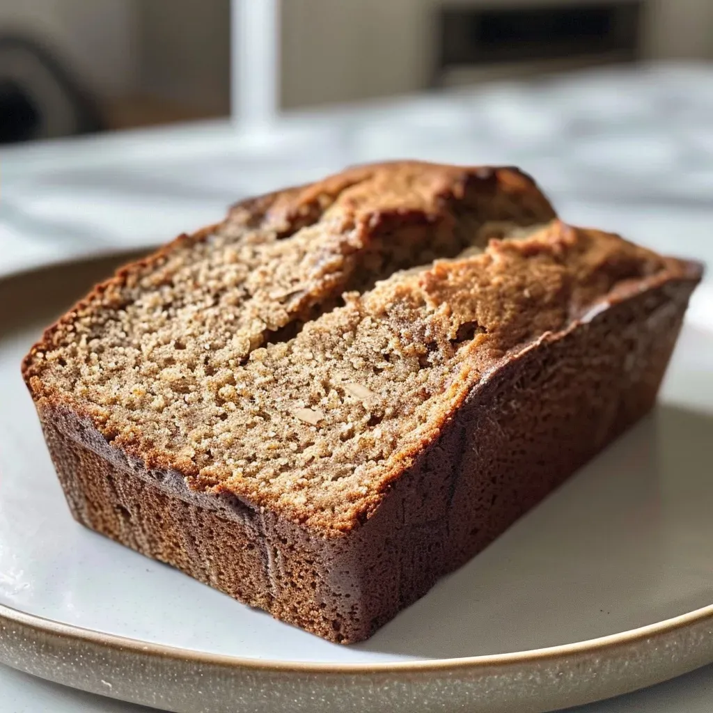 Side view of golden-brown Buckwheat Flour Banana Bread showcasing its fluffy interior.