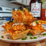 ['Close-up view of Buffalo Chicken Cups on a plate, highlighting the golden-brown wonton wrappers and creamy filling.', 'Side view of Buffalo Chicken Cups filled with shredded chicken and melted cheese, showcasing a crispy texture.', 'Juicy Buffalo Chicken Cups arranged neatly, featuring a vibrant orange sauce and a sprinkle of green herbs on top.', 'Tasty Buffalo Chicken Cups displayed on a wooden serving board, emphasizing the variety of colorful ingredients.']