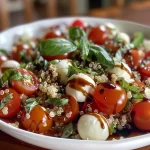 ['Close-up of a vibrant Caprese Quinoa Salad with cherry tomatoes and mozzarella pearls.', 'Side view of a colorful Caprese Quinoa Salad featuring fresh basil and drizzled balsamic glaze.', 'Juicy Caprese Quinoa Salad showcasing halved cherry tomatoes and olive oil on a white plate.', 'Fresh Caprese Quinoa Salad with quinoa, tomatoes, mozzarella, and basil in a bowl.']