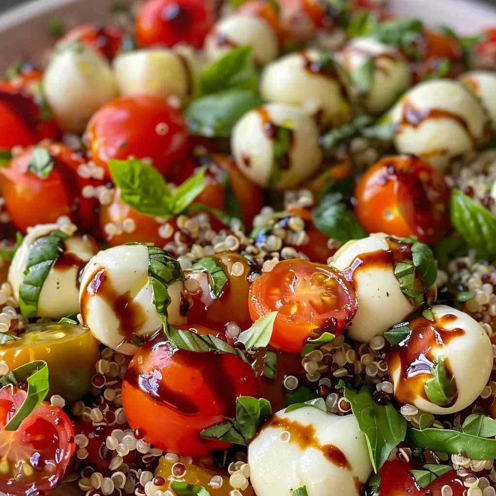 ['Close-up of a vibrant Caprese Quinoa Salad with cherry tomatoes and mozzarella pearls.', 'Side view of a colorful Caprese Quinoa Salad featuring fresh basil and drizzled balsamic glaze.', 'Juicy Caprese Quinoa Salad showcasing halved cherry tomatoes and olive oil on a white plate.', 'Fresh Caprese Quinoa Salad with quinoa, tomatoes, mozzarella, and basil in a bowl.']
