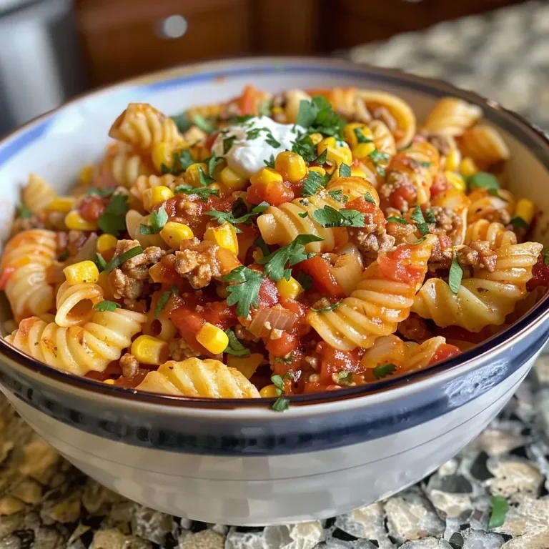 ['Close-up of a bowl filled with Cheesy Slow Cooker Taco Pasta with ground beef and colorful toppings.', 'A side view of Cheesy Slow Cooker Taco Pasta with ground beef, garnished with cheese and herbs.', 'Juicy Cheesy Slow Cooker Taco Pasta showing chunks of beef, pasta shells, and fresh ingredients.', 'A vibrant dish of Cheesy Slow Cooker Taco Pasta, featuring ground beef, cheese, and bell peppers.']