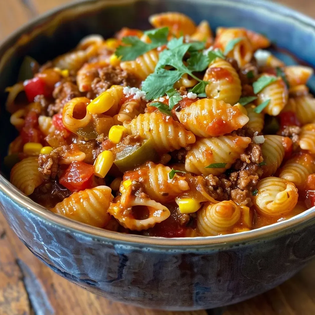 ['Close-up of a bowl filled with Cheesy Slow Cooker Taco Pasta with ground beef and colorful toppings.', 'A side view of Cheesy Slow Cooker Taco Pasta with ground beef, garnished with cheese and herbs.', 'Juicy Cheesy Slow Cooker Taco Pasta showing chunks of beef, pasta shells, and fresh ingredients.', 'A vibrant dish of Cheesy Slow Cooker Taco Pasta, featuring ground beef, cheese, and bell peppers.']