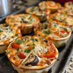 ['A side view of cheesy vegan mini pizza cups in a baking tray, showcasing melty vegan cheese and colorful vegetables.', 'Close-up of mini pizza cups made from tortillas, filled with vegan mozzarella and topped with assorted chopped vegetables.', 'Juicy vegan mini pizza cups arranged in a tray, highlighting the crispy edges and gooey cheese topping.', 'Deliciously filled tortilla cups with vegan cheese and vibrant vegetables, presented in a close-up side view.']