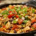 A close-up view of a Chicken Burrito Skillet with vibrant ingredients.
