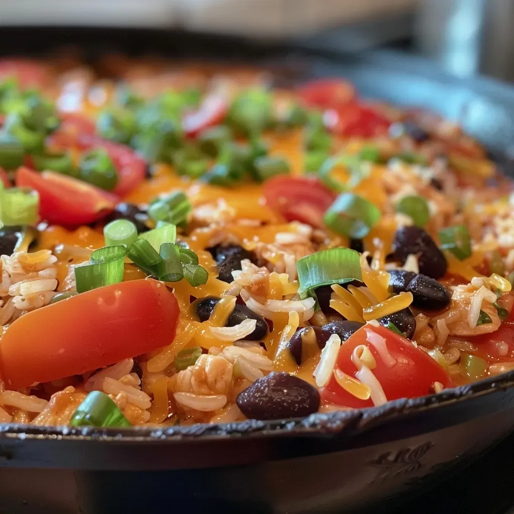 Juicy Chicken Burrito Skillet featuring black beans and melted cheese.