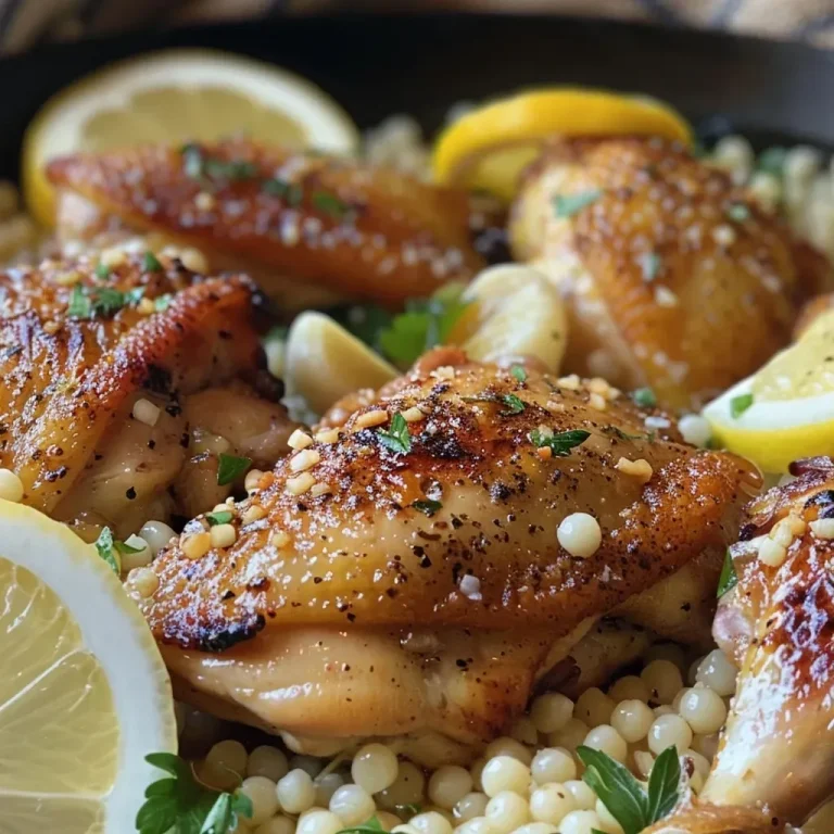 ['Close-up view of a plate featuring succulent chicken thighs laid over pearl couscous garnished with herbs and lemon slices.', 'Side view of a colorful dish showcasing golden-brown chicken thighs on pearl couscous, enhanced with fresh thyme and lemon.', 'Juicy chicken thighs served atop fluffy pearl couscous, complemented by sliced lemon and aromatic herbs.', 'Detailed close-up of chicken couscous recipe, displaying tender chicken pieces, couscous, and lemon in a bright, inviting presentation.']