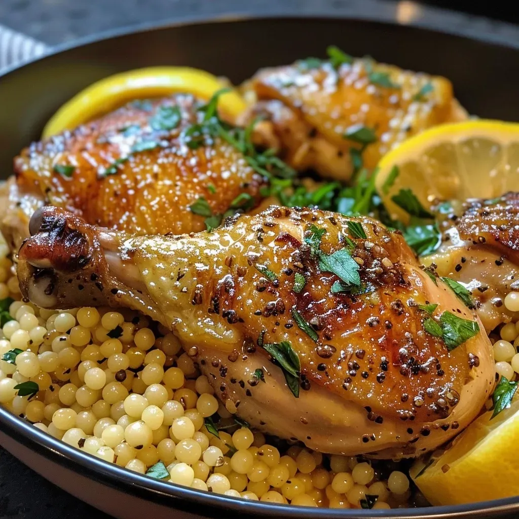 ['Close-up view of a plate featuring succulent chicken thighs laid over pearl couscous garnished with herbs and lemon slices.', 'Side view of a colorful dish showcasing golden-brown chicken thighs on pearl couscous, enhanced with fresh thyme and lemon.', 'Juicy chicken thighs served atop fluffy pearl couscous, complemented by sliced lemon and aromatic herbs.', 'Detailed close-up of chicken couscous recipe, displaying tender chicken pieces, couscous, and lemon in a bright, inviting presentation.']