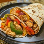 Close-up of a Chicken Fajita Wrap, showcasing grilled chicken, colorful bell peppers, and melted cheese.