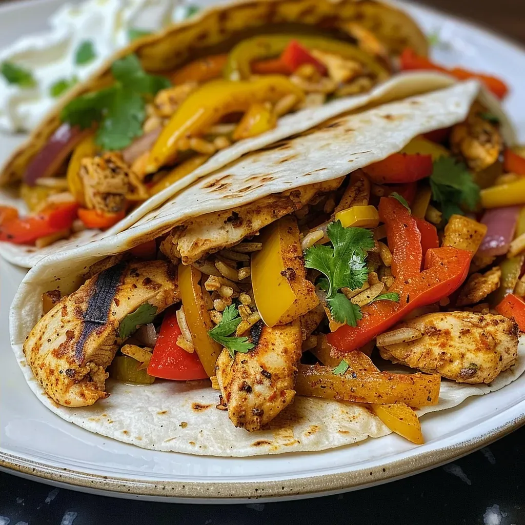 A juicy Chicken Fajitas Wrap showing sliced chicken, peppers, and tortillas.