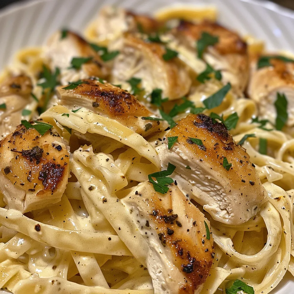 Side angle of a dish featuring Chicken Fettuccine Alfredo, garnished with parsley.