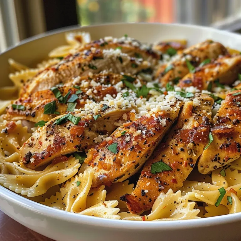 A close-up side view of Chicken Garlic Parmesan Pasta with juicy chicken pieces and creamy sauce.