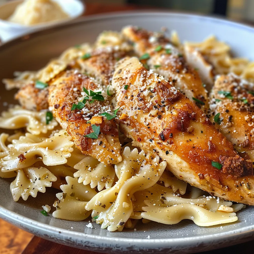 A vibrant plate of Chicken Garlic Parmesan Pasta showcasing tender chicken and rich parmesan.