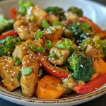 ['Close-up view of a vibrant chicken stir fry with colorful vegetables.', 'A delicious chicken stir fry featuring juicy chicken pieces and fresh veggies.', 'Side view of tender chicken stir fry with red bell peppers and broccoli.', 'Juicy chicken stir fry displayed with bright carrots and green onions.']