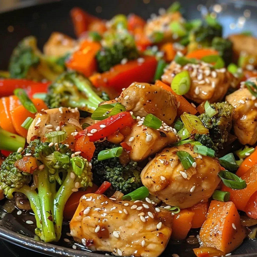 ['Close-up view of a vibrant chicken stir fry with colorful vegetables.', 'A delicious chicken stir fry featuring juicy chicken pieces and fresh veggies.', 'Side view of tender chicken stir fry with red bell peppers and broccoli.', 'Juicy chicken stir fry displayed with bright carrots and green onions.']