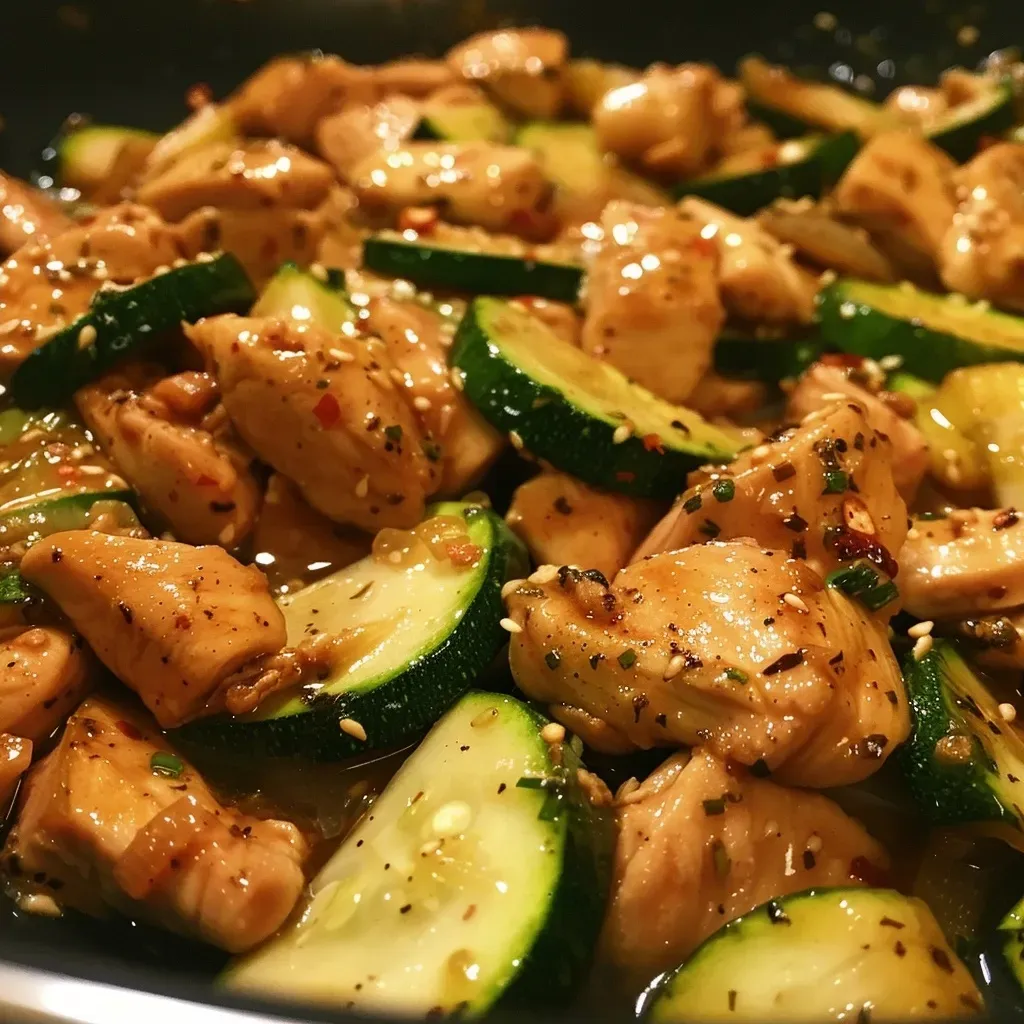 ['Close-up view of a Chicken Zucchini Stir Fry with colorful vegetables and chicken pieces.', 'Juicy Chicken Zucchini Stir Fry displayed in a bowl with vibrant green zucchini and tender chicken.', 'Side view of a Chicken Zucchini Stir Fry, showcasing the mixture of chicken, zucchini, and garlic.', 'Close-up photo featuring a Chicken Zucchini Stir Fry with slices of zucchini and pieces of chicken breast.']
