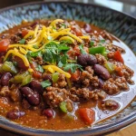 Close-up view of a bowl of chili con carne topped with cheese and jalapeños.