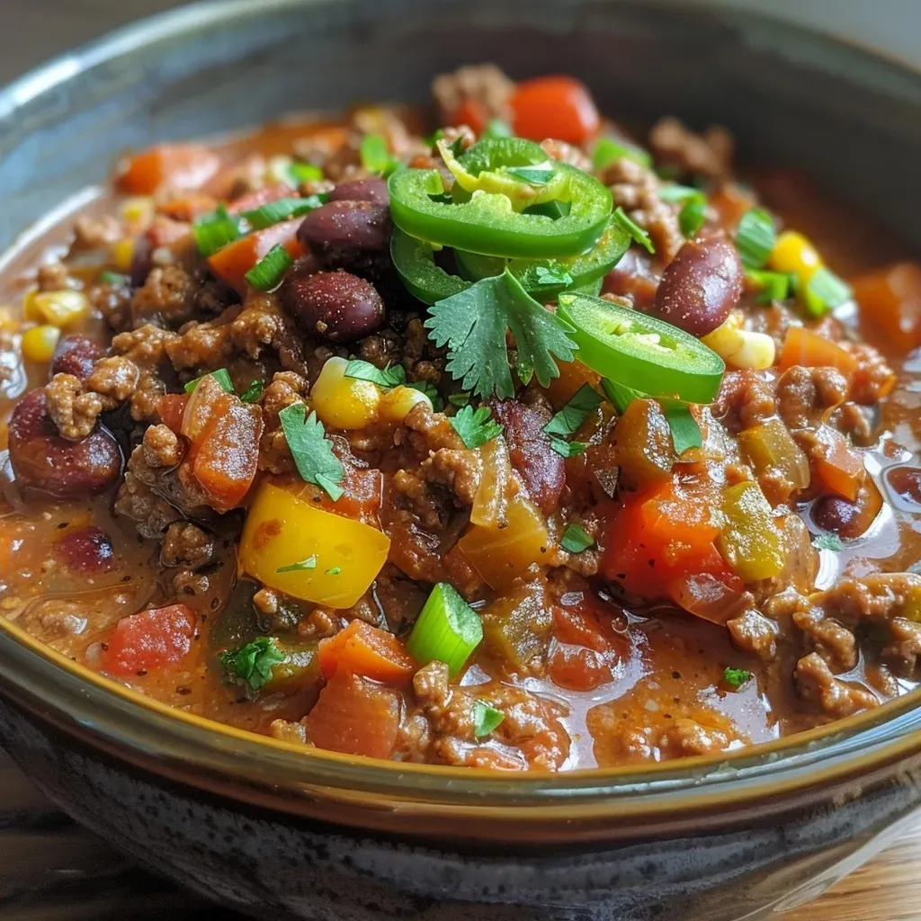 Side view of a hearty chili con carne with vibrant ingredients and toppings.