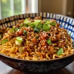 ['Close-up of a bowl filled with Chili Crisp Ground Chicken Noodles topped with scallions and sesame seeds.', 'Side view of a delicious noodle bowl featuring ground chicken and chili crisp sauce, garnished with scallions.', 'Juicy ground chicken noodle bowl with a rich chili sauce, served in a rustic bowl.', 'Appetizing close-up of a colorful bowl of noodles with ground chicken and vibrant garnishes.']
