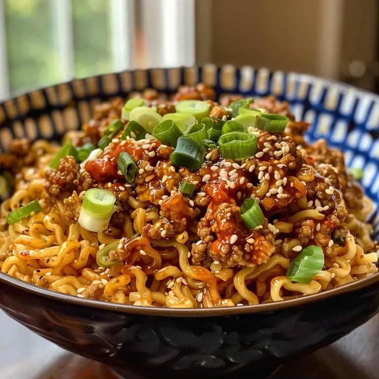 ['Close-up of a bowl filled with Chili Crisp Ground Chicken Noodles topped with scallions and sesame seeds.', 'Side view of a delicious noodle bowl featuring ground chicken and chili crisp sauce, garnished with scallions.', 'Juicy ground chicken noodle bowl with a rich chili sauce, served in a rustic bowl.', 'Appetizing close-up of a colorful bowl of noodles with ground chicken and vibrant garnishes.']