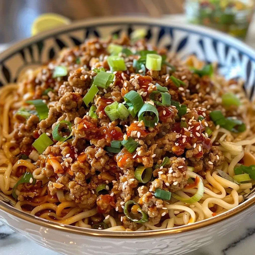 ['Close-up of a bowl filled with Chili Crisp Ground Chicken Noodles topped with scallions and sesame seeds.', 'Side view of a delicious noodle bowl featuring ground chicken and chili crisp sauce, garnished with scallions.', 'Juicy ground chicken noodle bowl with a rich chili sauce, served in a rustic bowl.', 'Appetizing close-up of a colorful bowl of noodles with ground chicken and vibrant garnishes.']