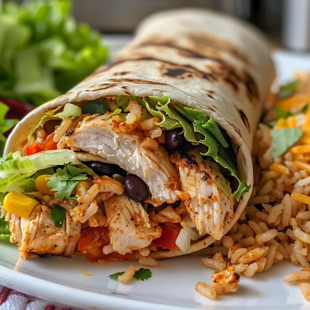 Close-up view of a Chipotle Ranch Grilled Chicken Burrito, showcasing juicy grilled chicken and vibrant toppings.
